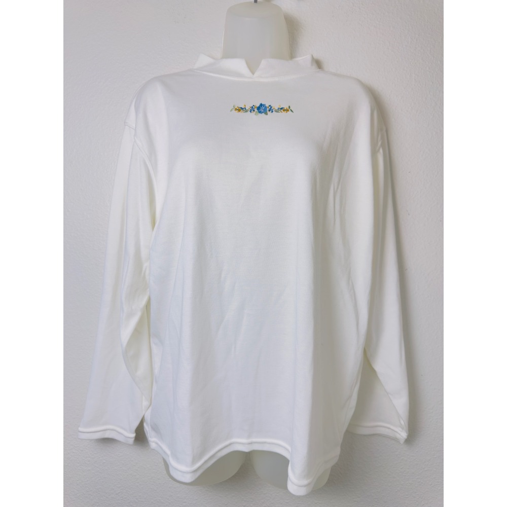 Lauren Brooke Collectibles White Floral Embroidered Mock Neck Top Large Vintage